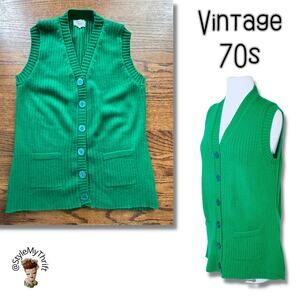 Vintage 70s Green Sweater Vest Button Indie Alternative Groovy Emo Punk Cosplay